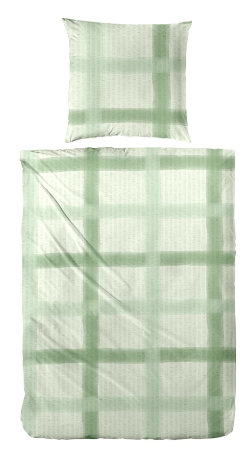 Grün-weiße Bettwäsche mit großem Karomuster; Bettdecken- und Kissenbezug sind freigestellt dargestellt; Größe 135 x 200 cm.