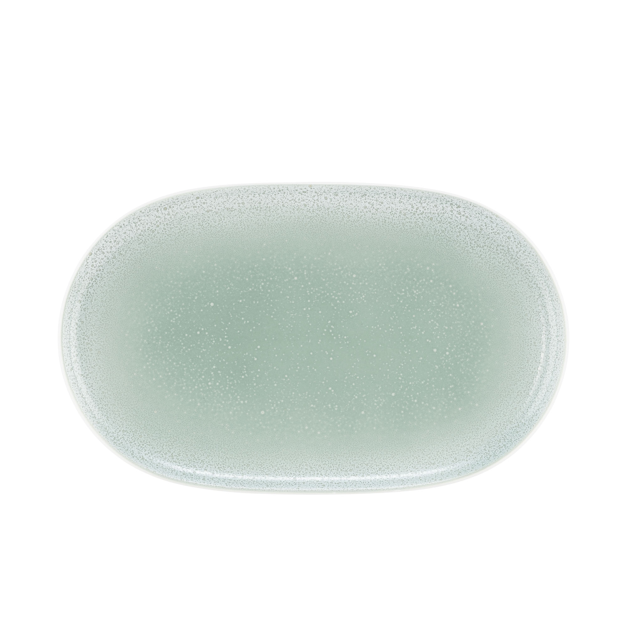 Servierplatte in Mint; Draufsicht. Sichtbare Gestaltung: kleine ovale Form mit feiner Sprenkelung.