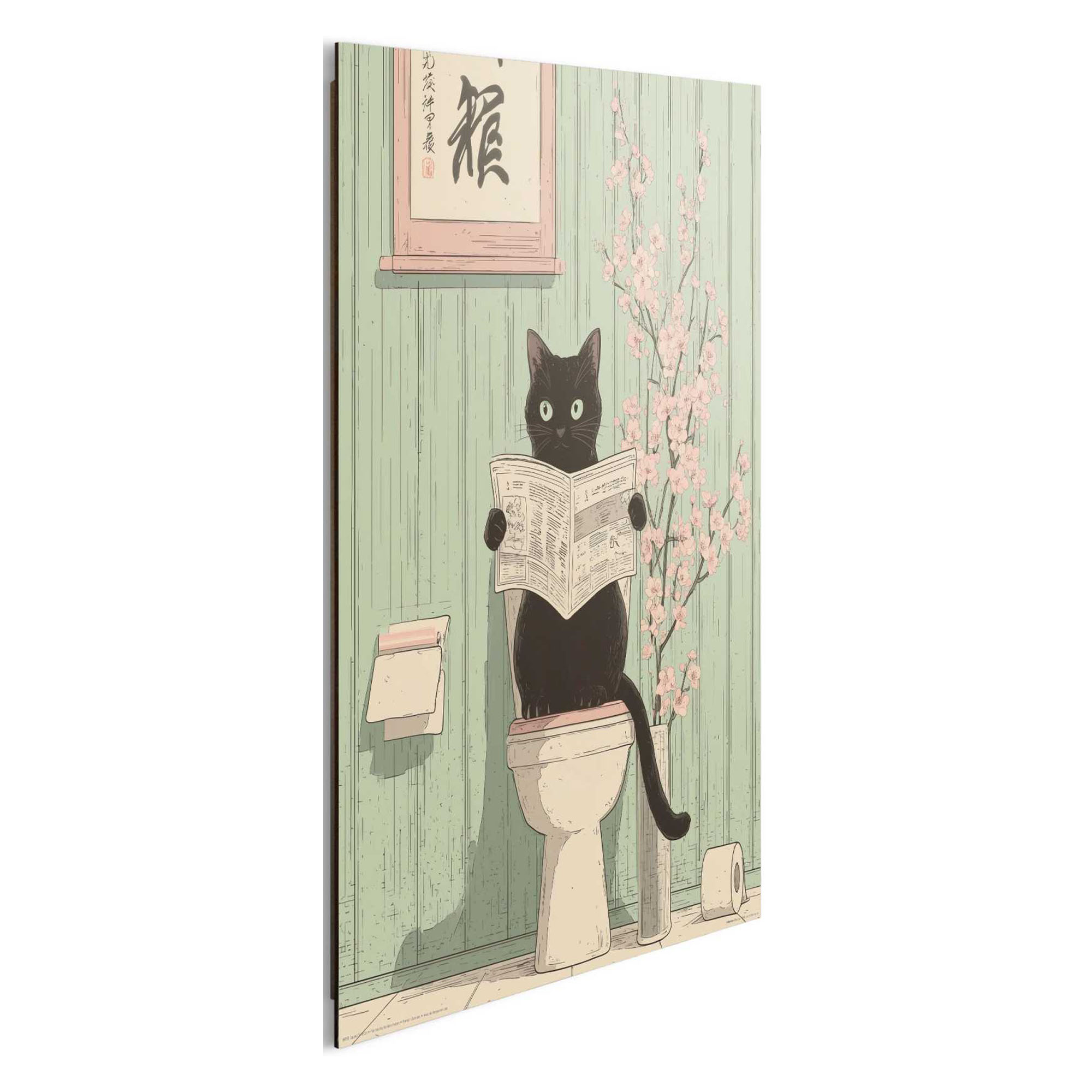Seitliche Schrägansicht des Wandbilds „Japandi Toilet Cat“, 40 × 50 cm; Profil, Kante und Tiefe des Bildes sind erkennbar.