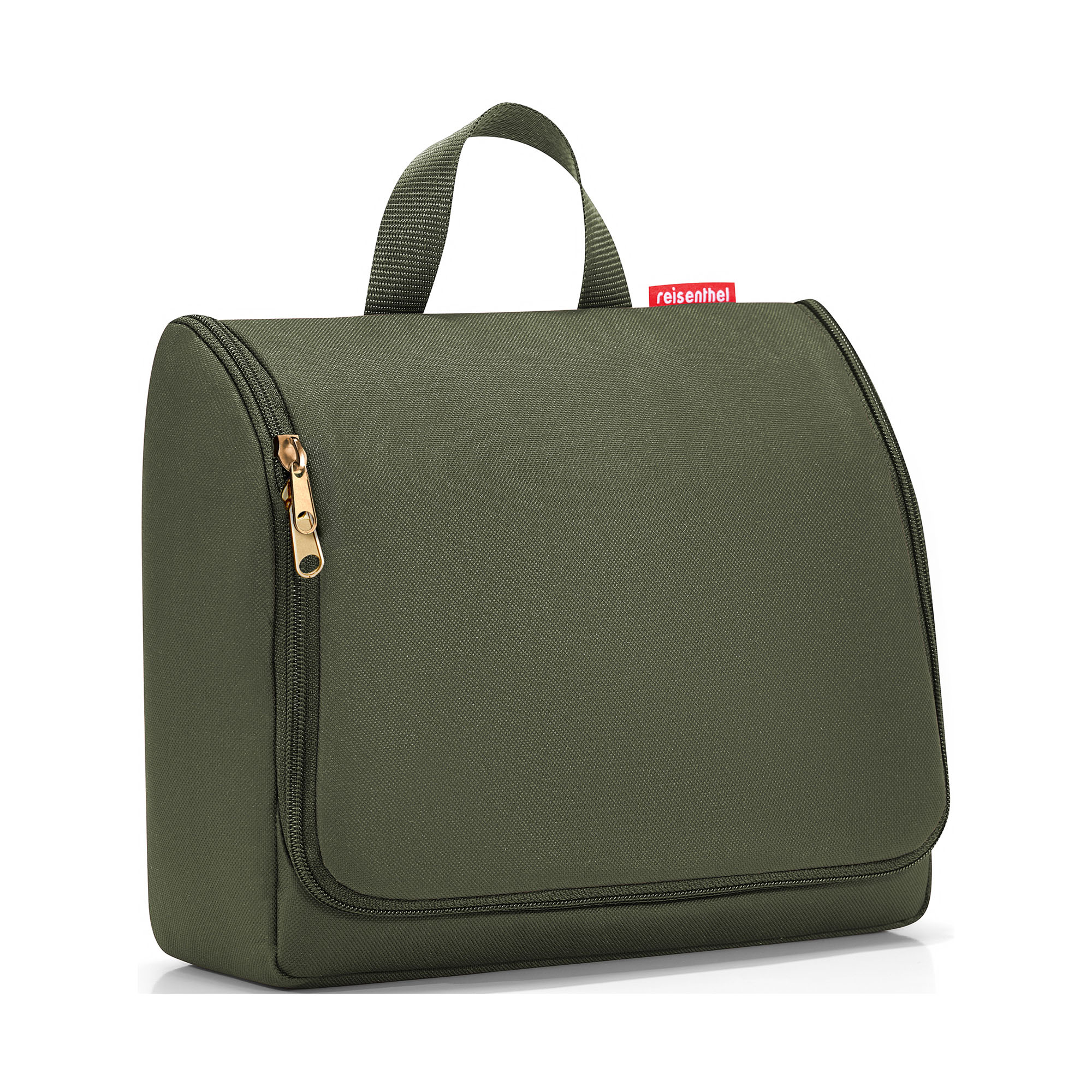 Kulturbeutel von Reisenthel, Modell Toiletbag XL, in Dunkelgrün mit goldfarbenen Metallteilen, geschlossen mit Tragegriff und umlaufendem Reißverschluss.