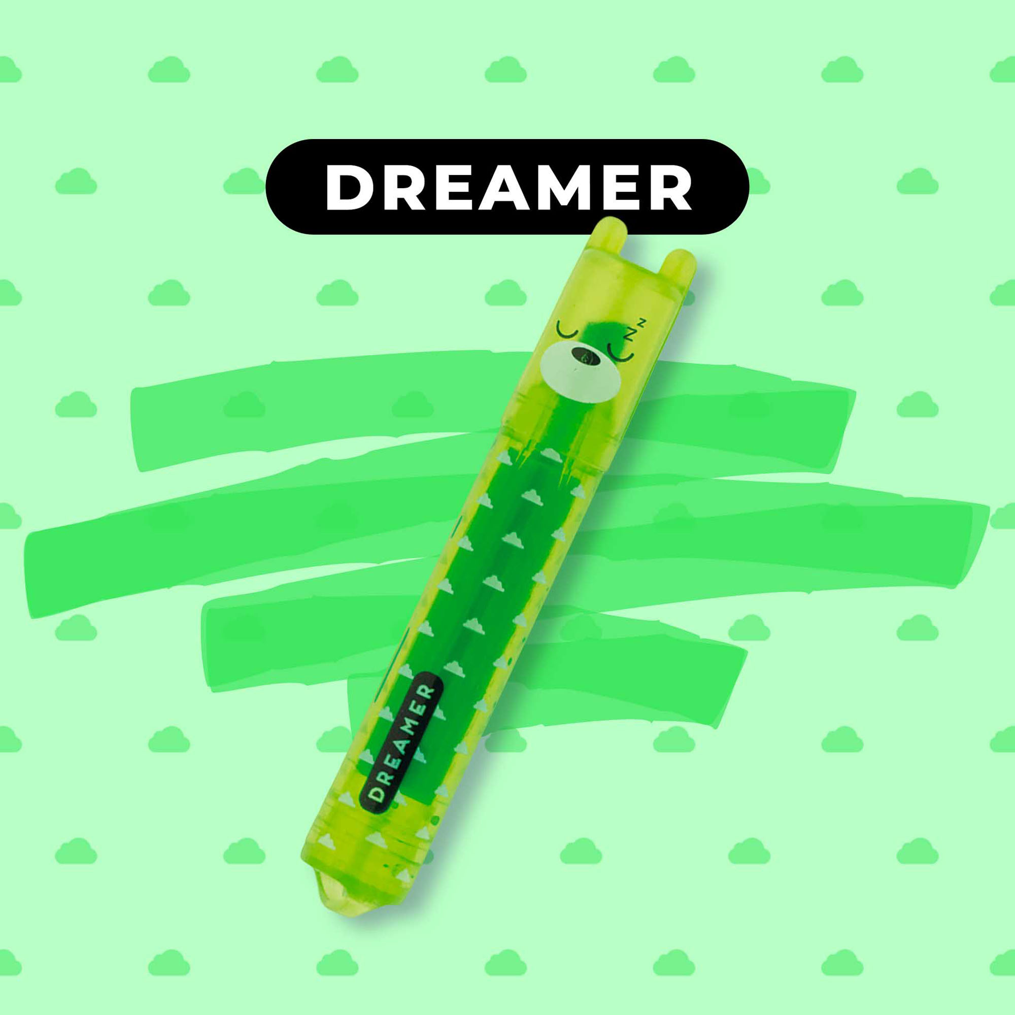 Sechs Mini-Textmarker mit farbigen Stimmungsbegriffen, mit dem grünen Textmarker vor grünen Farbstreifen und der Aufschrift „Dreamer“ gezeigt.