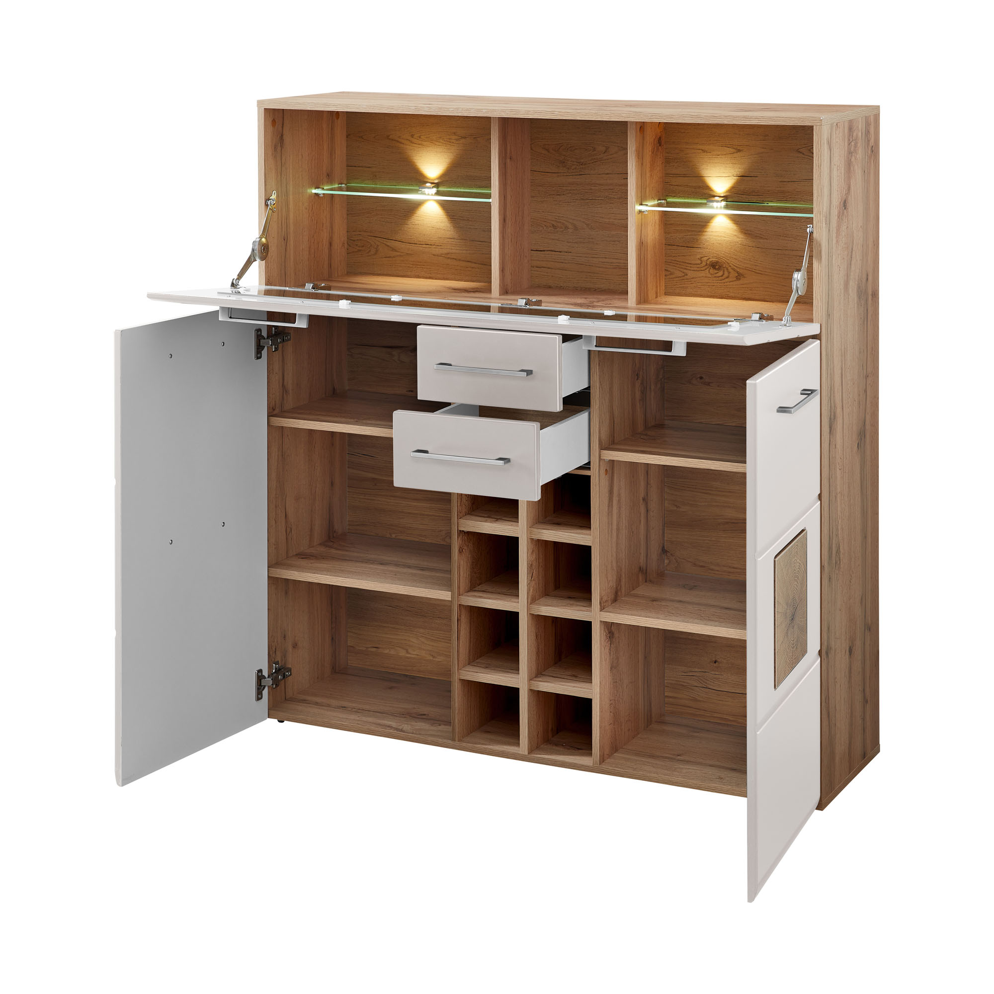 Geöffnetes Highboard in Kaschmir und Eiche mit Schubladen, Einlegeböden, Weinregal und LED-beleuchteten Glasablagen.