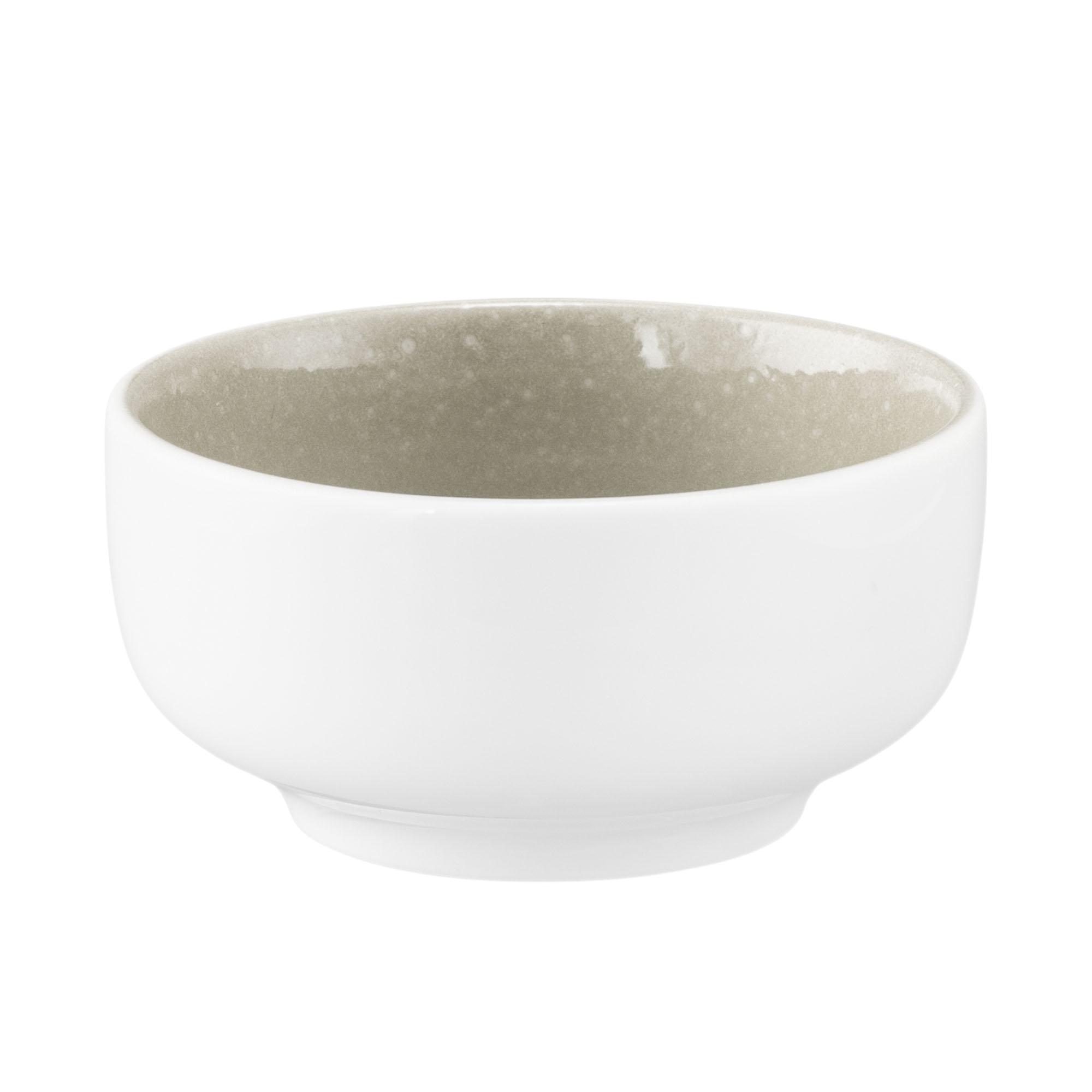Schale in Weiß und Grau-Beige. Darstellung: schräge Ansicht von vorn. Merkmale: weiße Außenseite und gesprenkelter Innenraum.