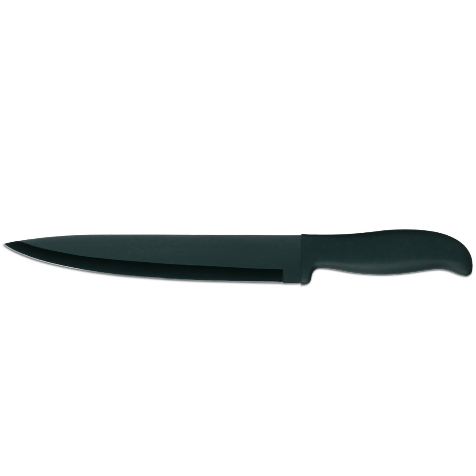 Schwarzes Kochmesser mit langer spitz zulaufender Klinge und ergonomisch geformtem Griff vor weißem Hintergrund