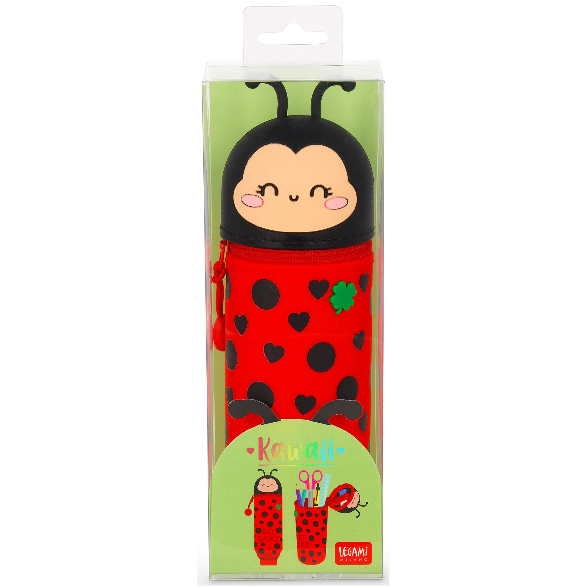 Rotes 2-in-1-Silikon-Federmäppchen im Marienkäfer-Design, in einer grünen Fensterverpackung abgebildet.