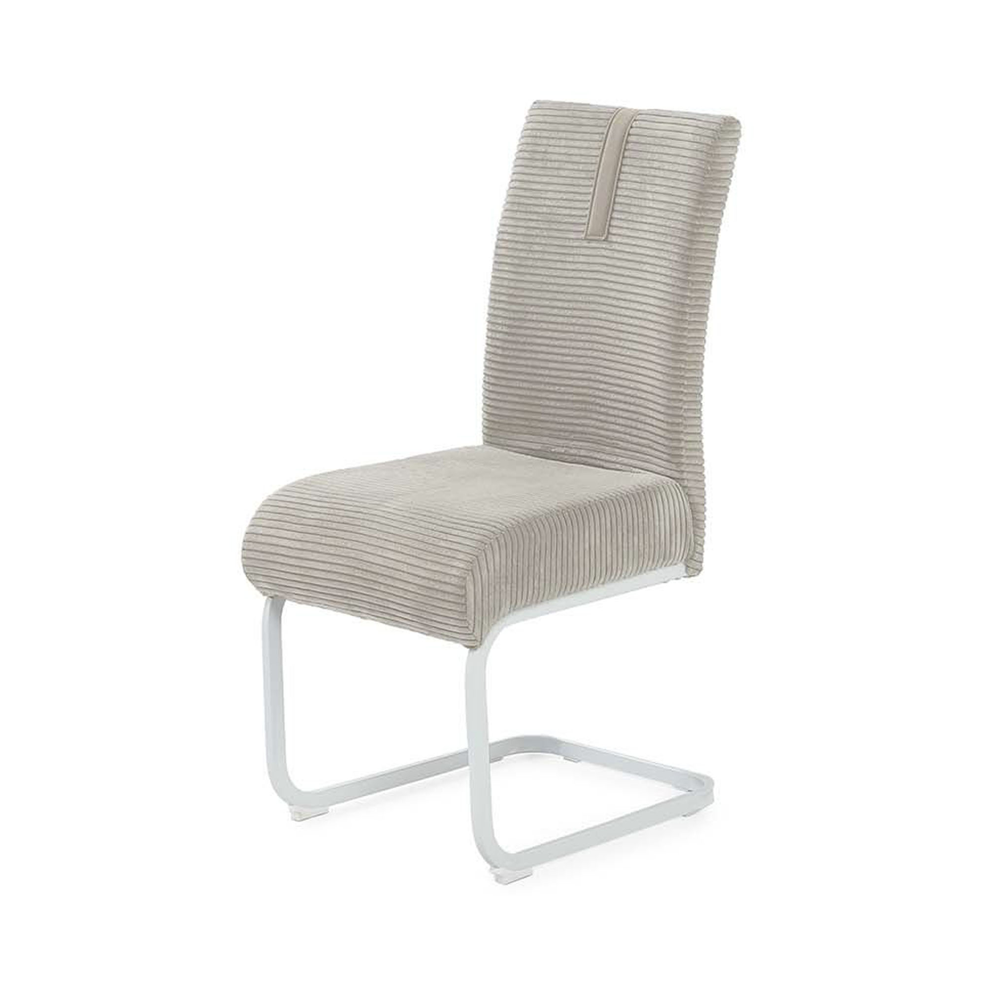 Polsterstuhl mit beigem Cordbezug, weißem Metallgestell und ergonomischer Rückenlehne für hohen Sitzkomfort.