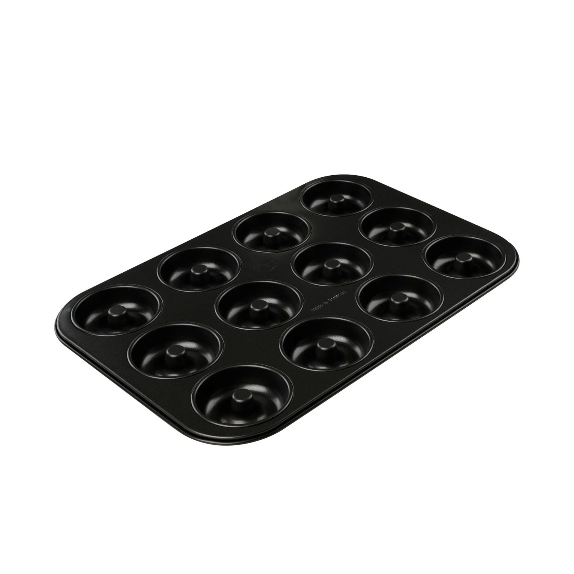 Schwarze Backform mit zwölf Mulden für Donuts oder Gebäck
