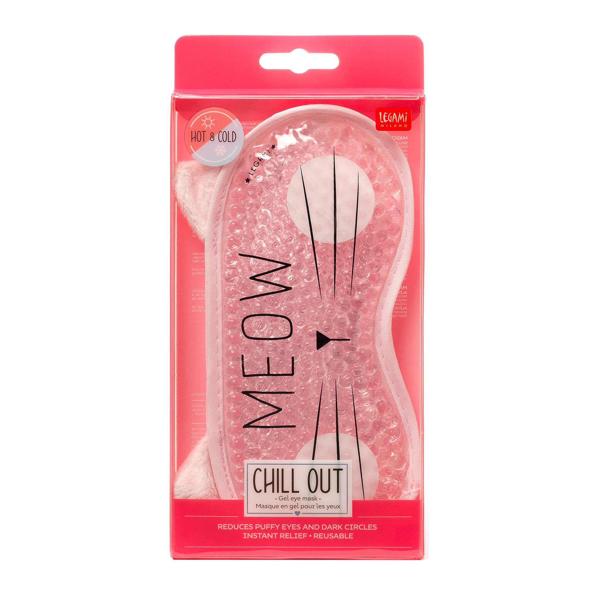 Rosa Gel-Augenmaske im Katzen-Design, in einer transparenten Blisterverpackung abgebildet.
