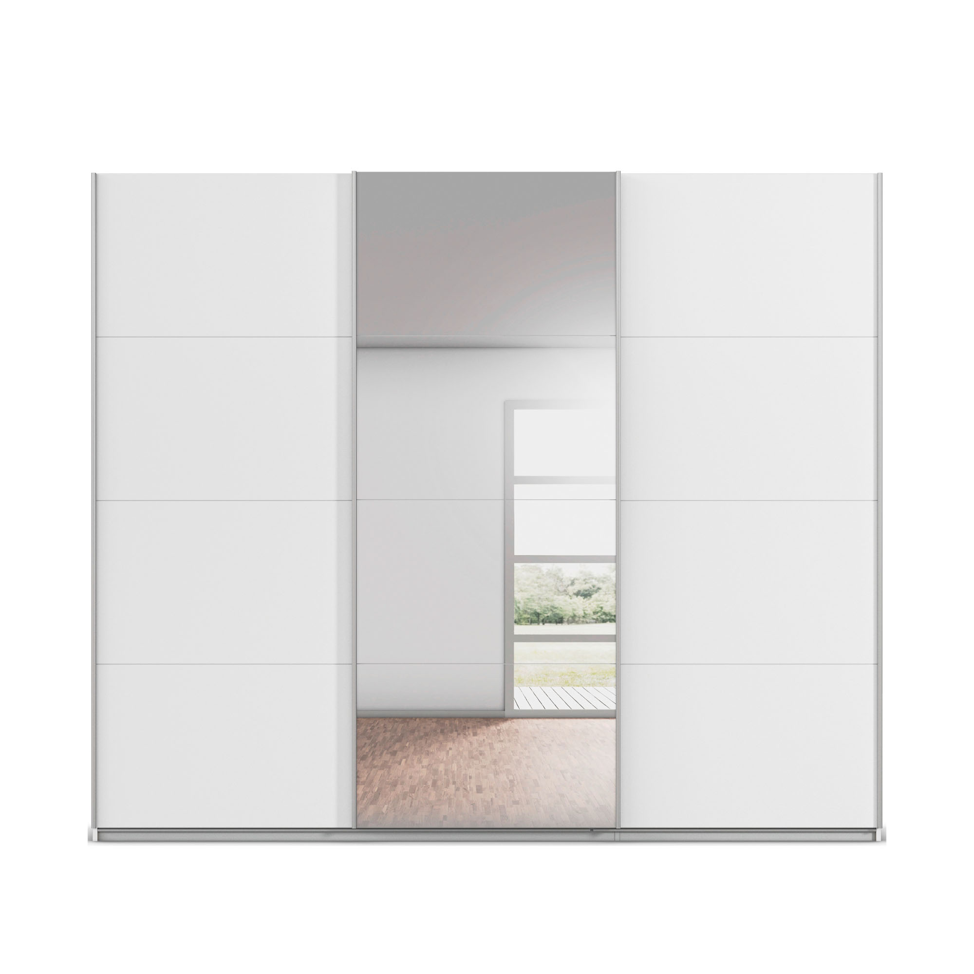 Moderner Kleiderschrank mit drei Schiebetüren und zentraler Spiegelfläche