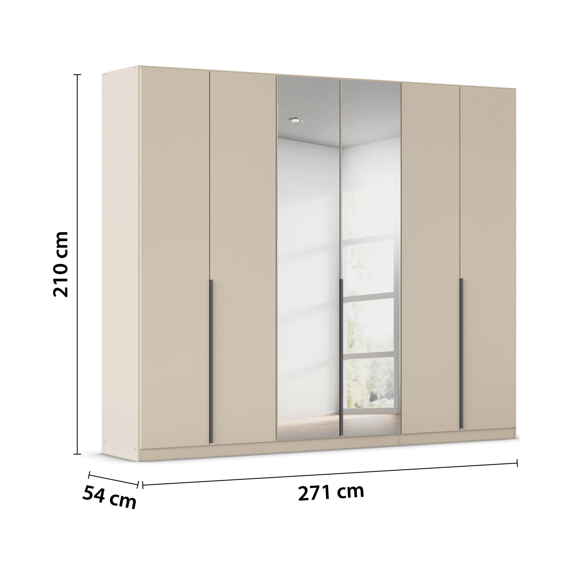 Champagnerfarbener 6-türiger Kleiderschrank mit Spiegel und Maßangaben 271 cm Breite, 210 cm Höhe und 54 cm Tiefe