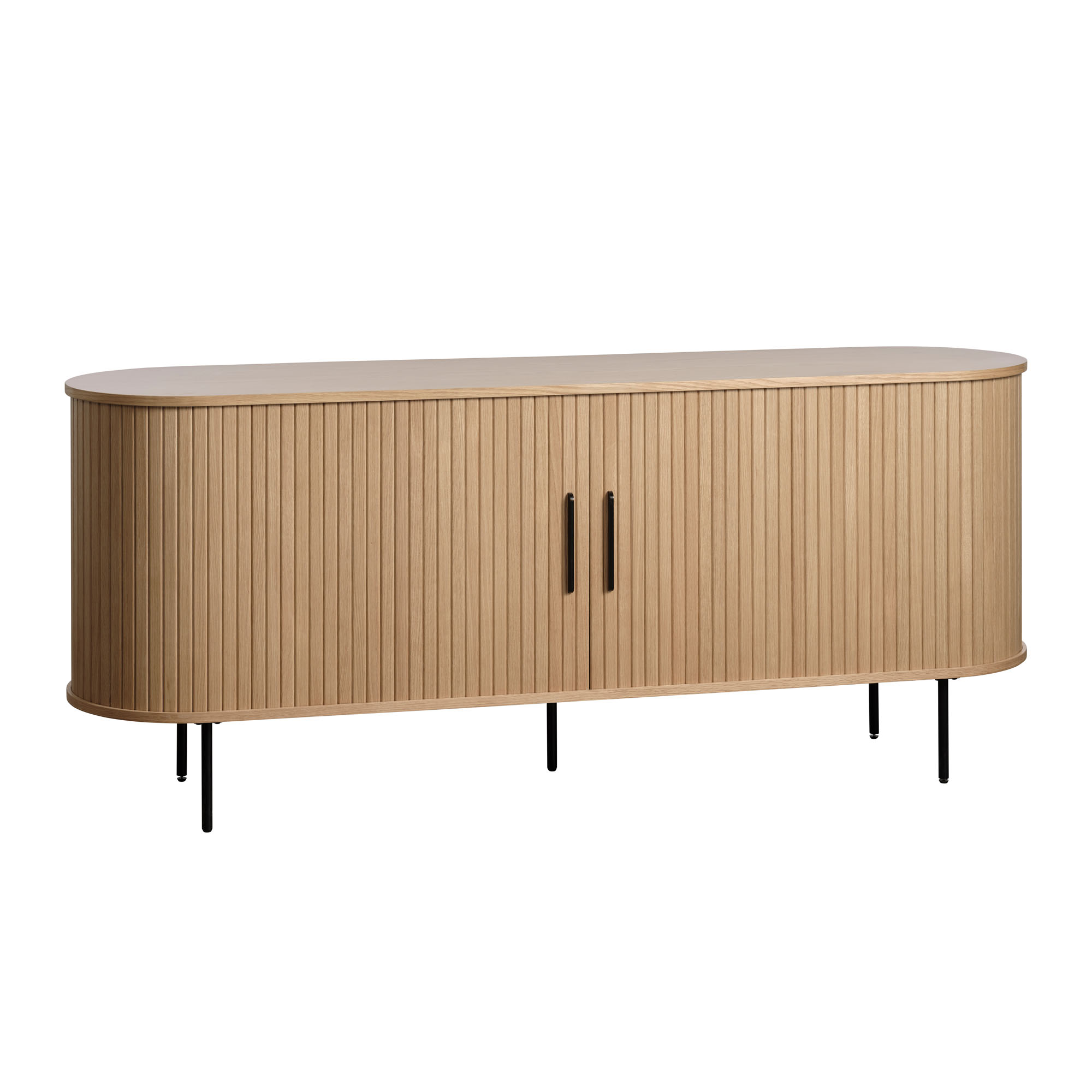 Sideboard mit abgerundeten Ecken, Lamellenfront und schwarzen Griffen, aus schräger Perspektive fotografiert.