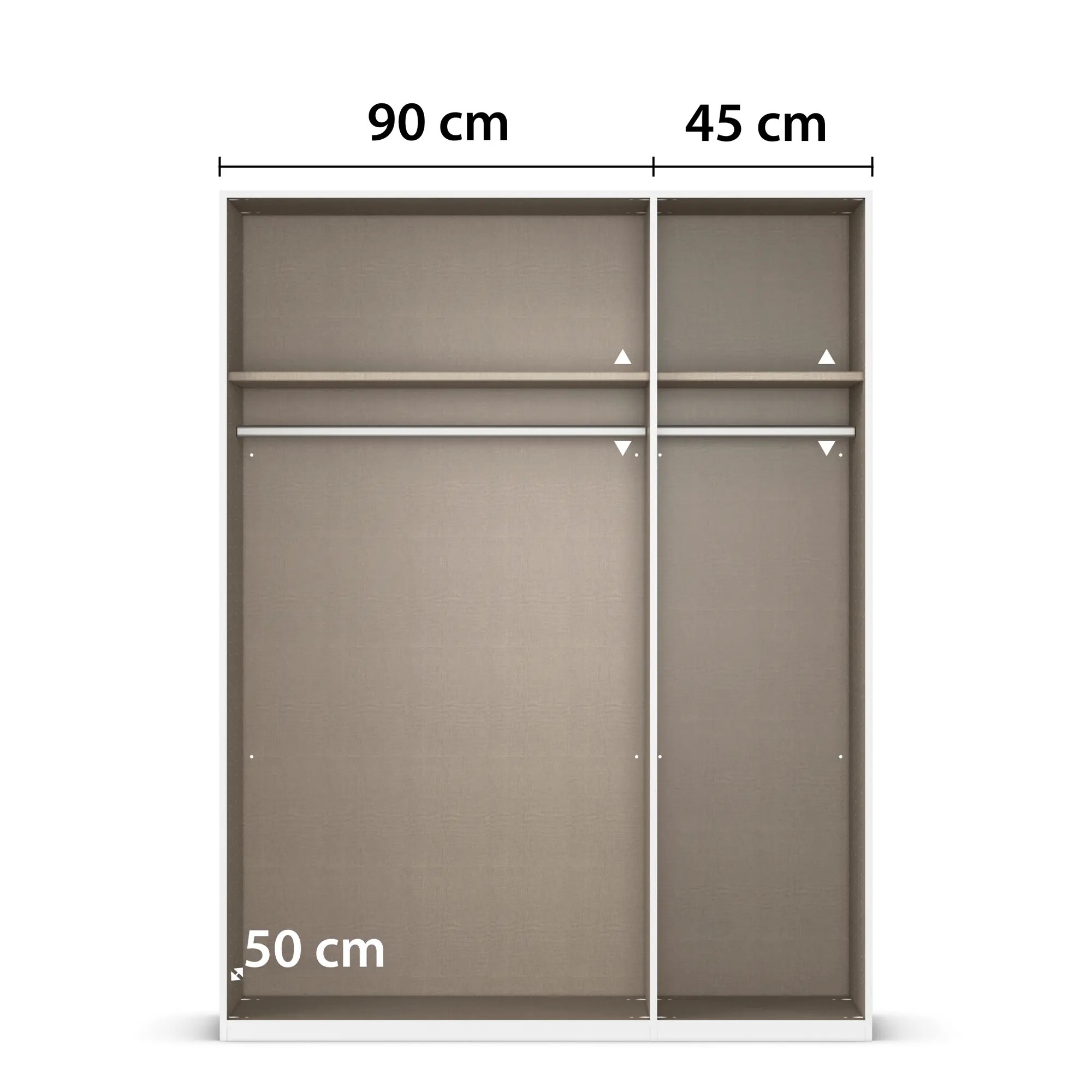 Innenansicht eines 3-türigen Kleiderschranks mit zwei Bereichen, Einlegeböden und Kleiderstangen, Breite 90 cm und 45 cm