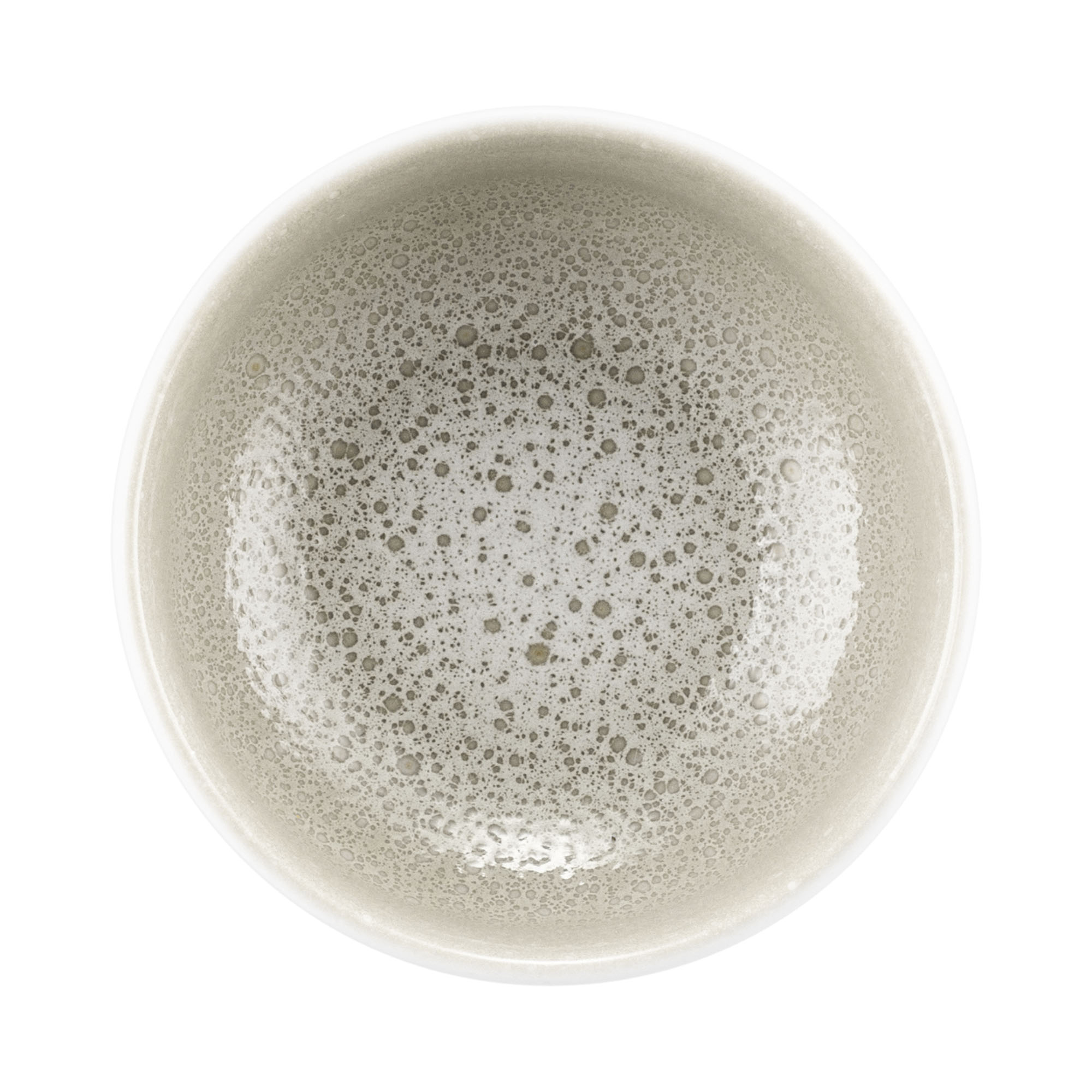 Schale in Weiß und Grau-Beige. weiße Außenseite und gesprenkelter Innenraum. Ansicht: Draufsicht.