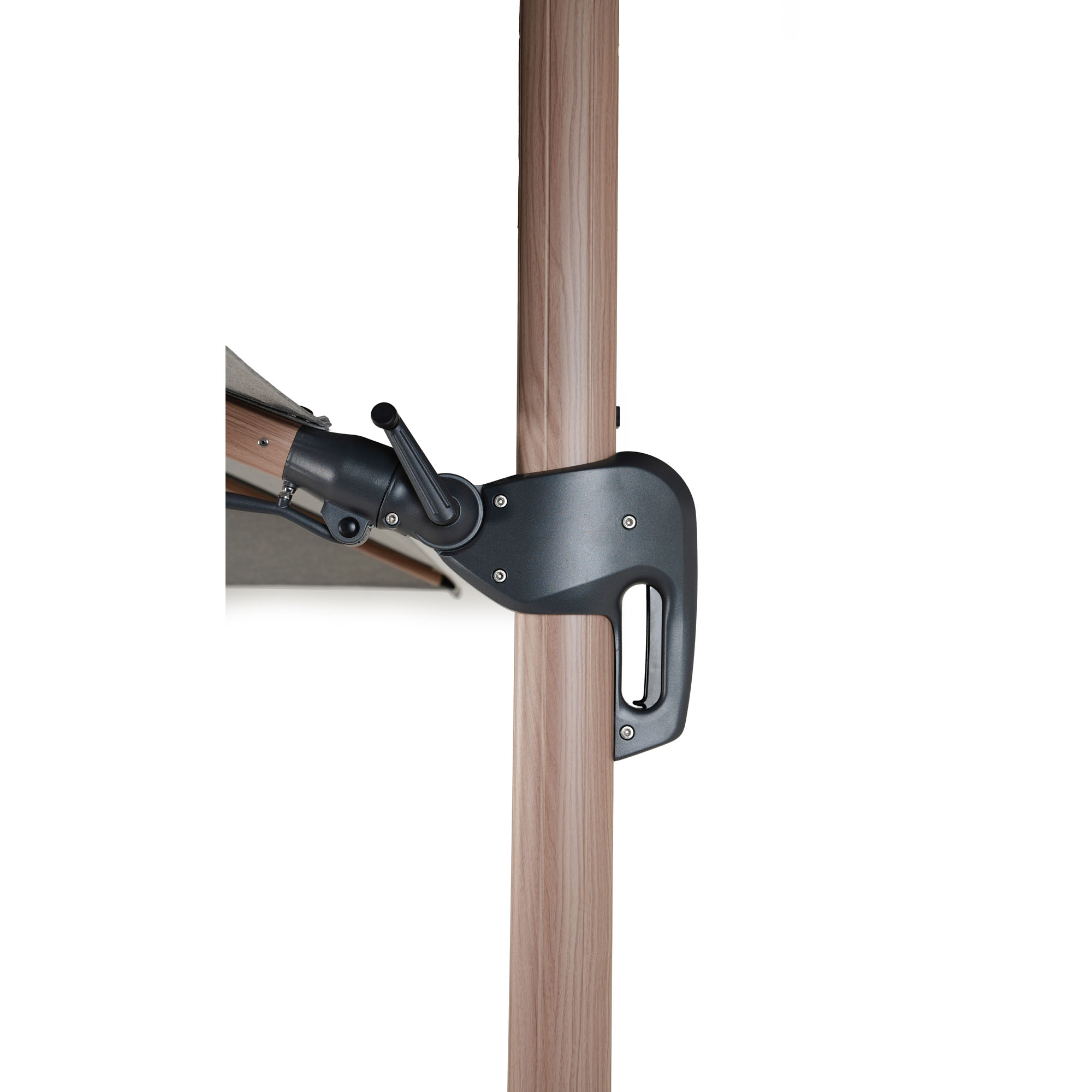 Detailansicht der Verstellmechanik eines Sonnenschirms mit Gestell in Woodlock-Farbe, Schirmfarbe Woodlock, inklusive Sockel