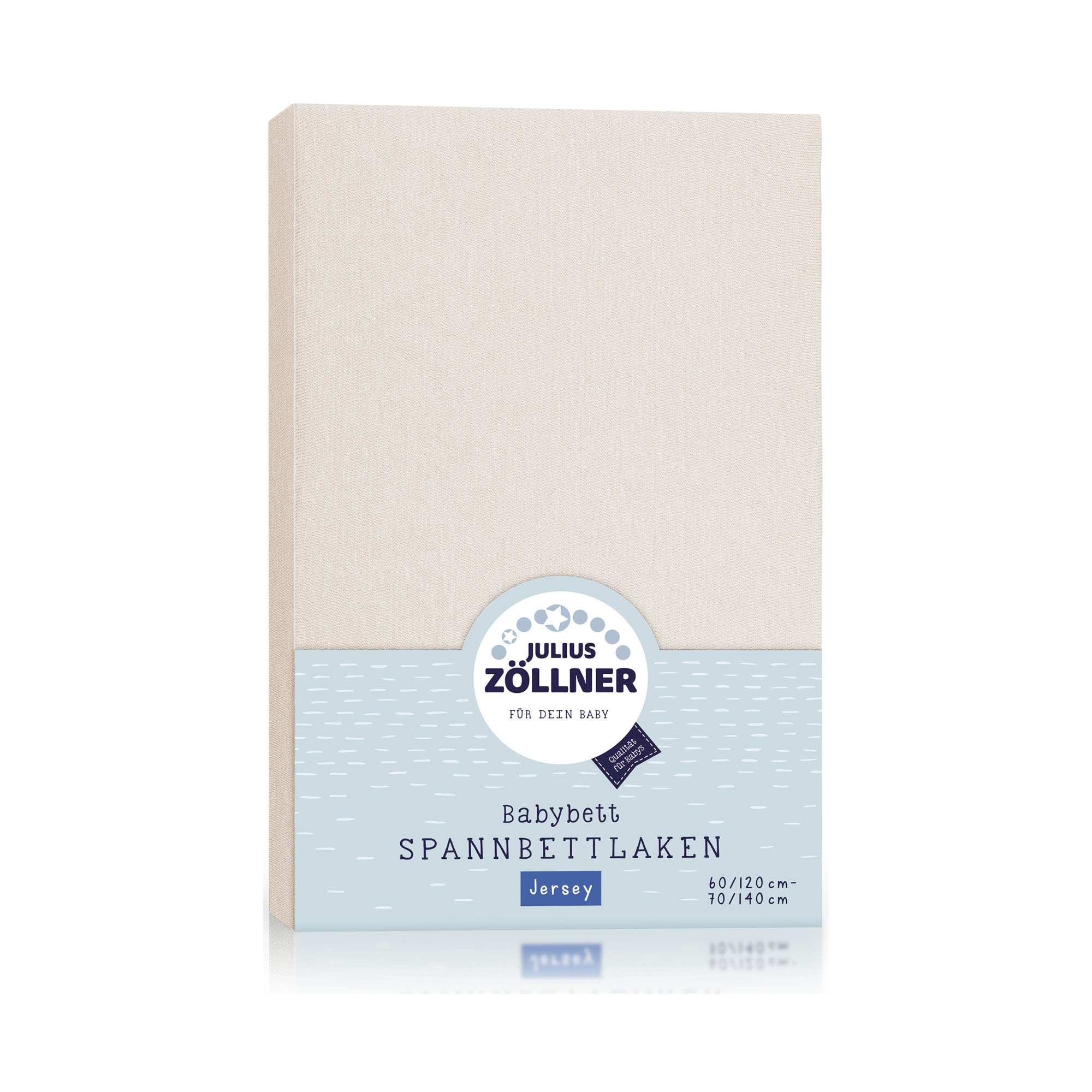 Verpacktes shellfarbenes Spannbettlaken für Babybetten von Julius Zöllner mit hellblauer Banderole und Produktangaben auf der Vorderseite