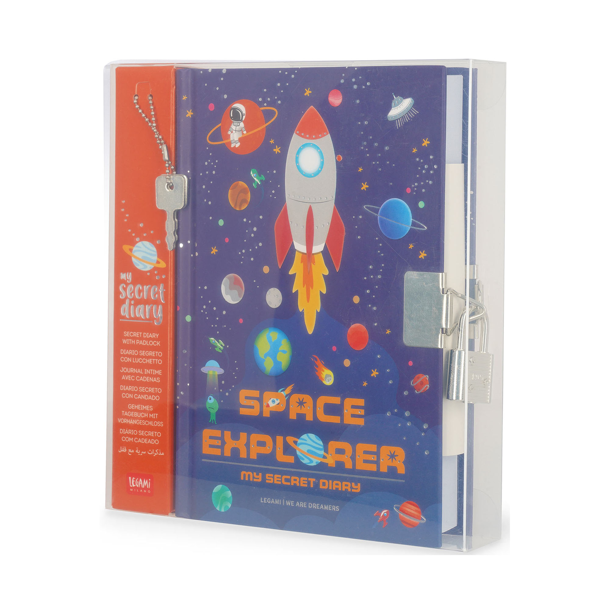 Blaues Tagebuch mit Weltraummotiv und Schloss, in einer transparenten Schutzhülle oder Verkaufsverpackung abgebildet.
