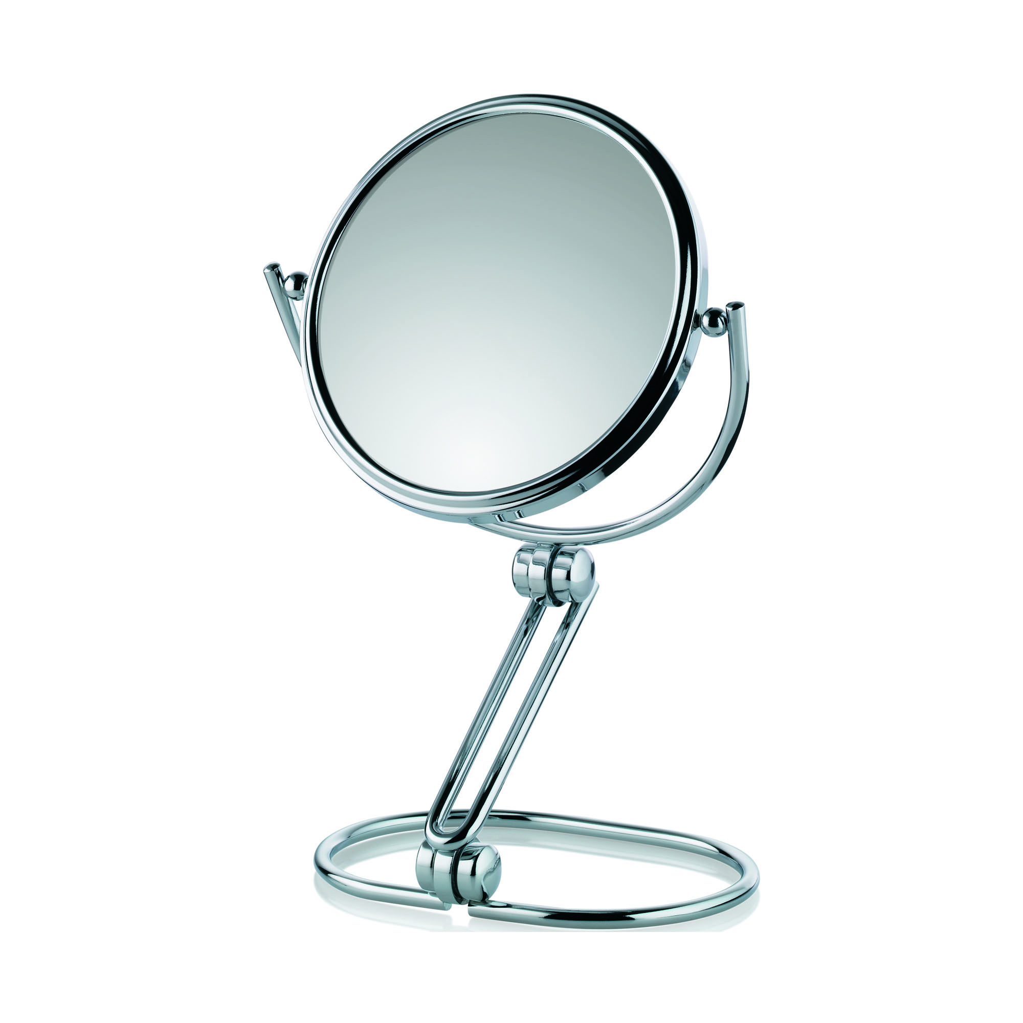Silber glänzender Standspiegel mit rundem Spiegelkopf und Standfuß auf weißem Hintergrund