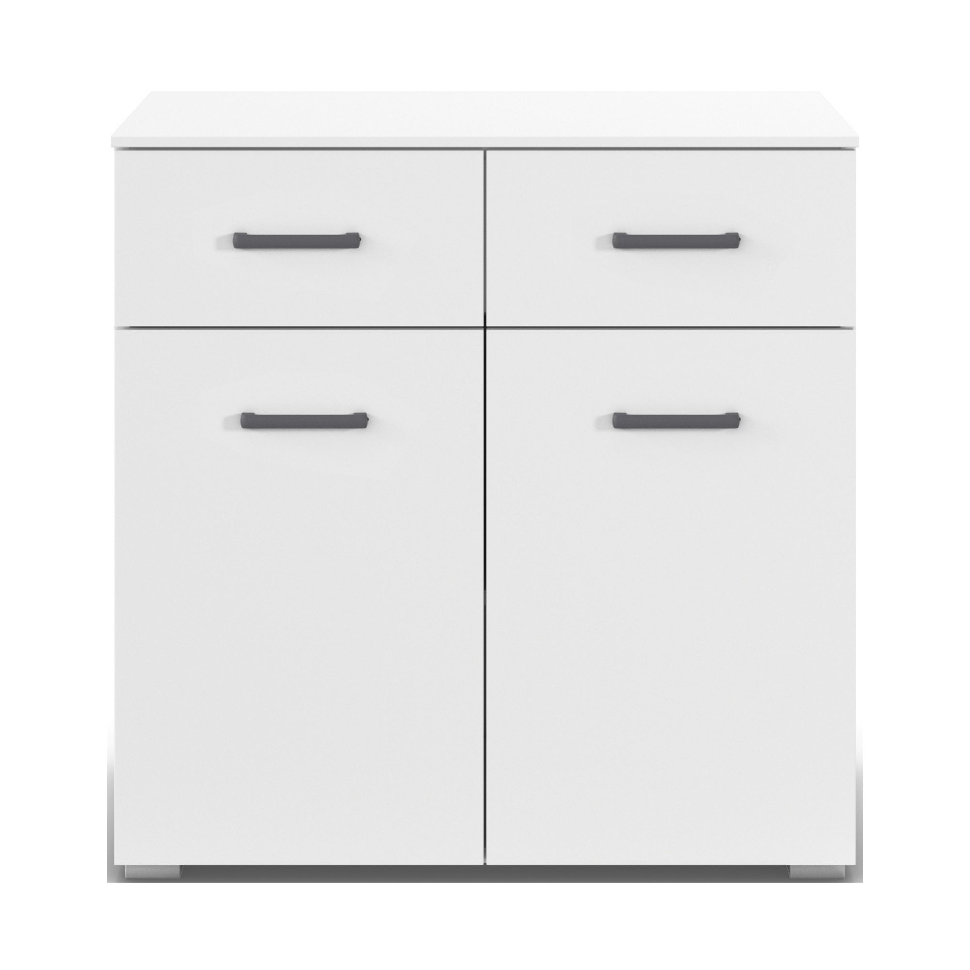 Frontale Ansicht eines weißen Sideboards mit zwei Schubläden, zwei Türen und grauen Griffen