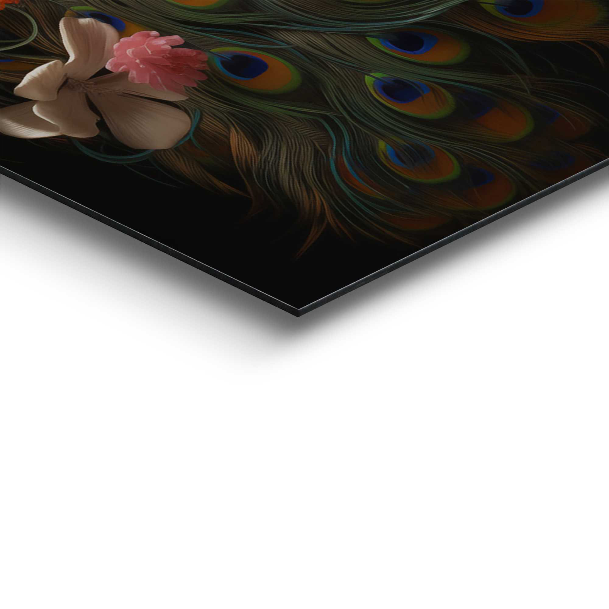 Detailaufnahme einer Ecke des Wandbilds „Colourful Peacock“, 30 × 90 cm; Oberfläche, Kante und Materialstärke sind sichtbar.