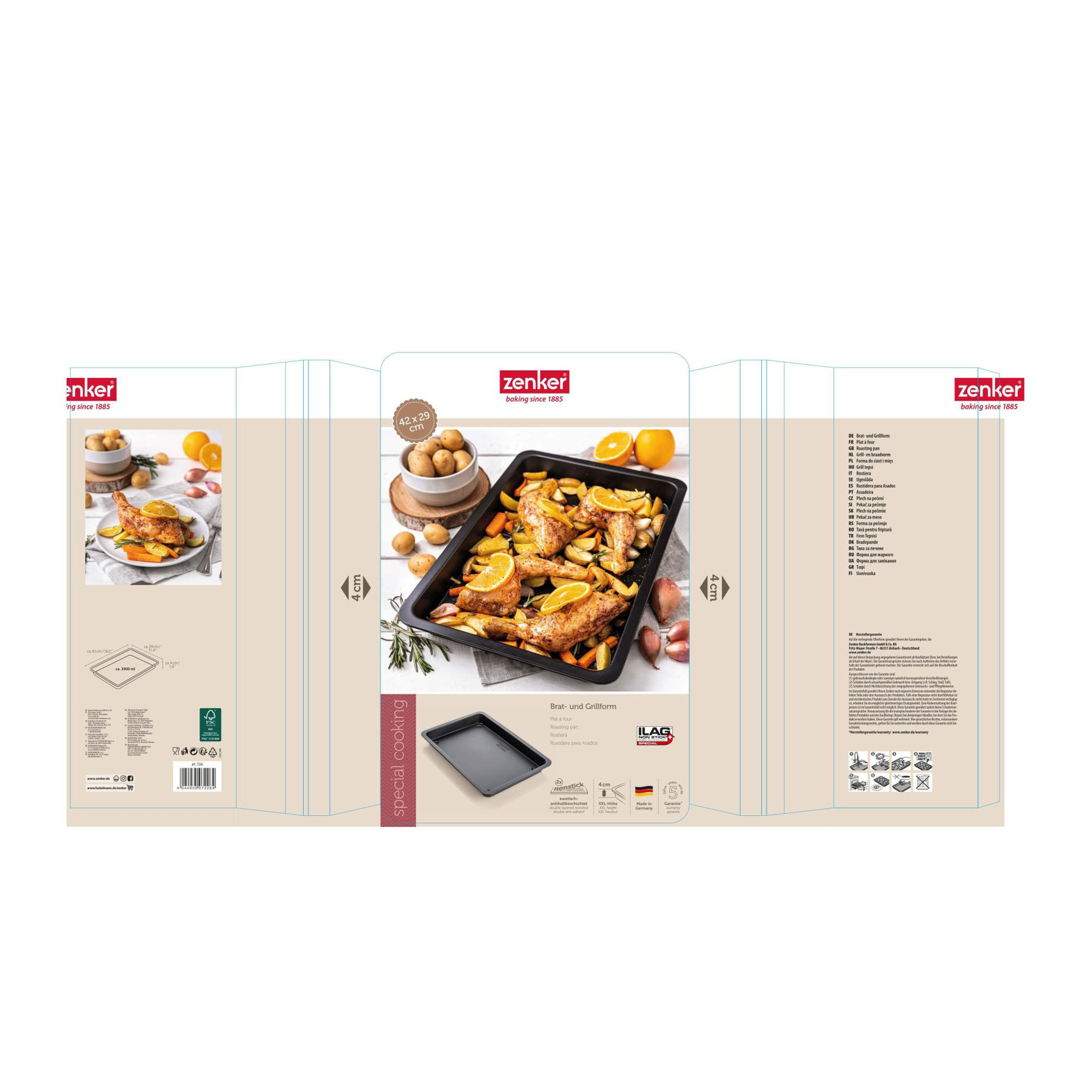 Komplett aufgefaltete Verpackung einer Zenker Brat und Grillform mit Produktbildern und Detailinformationen