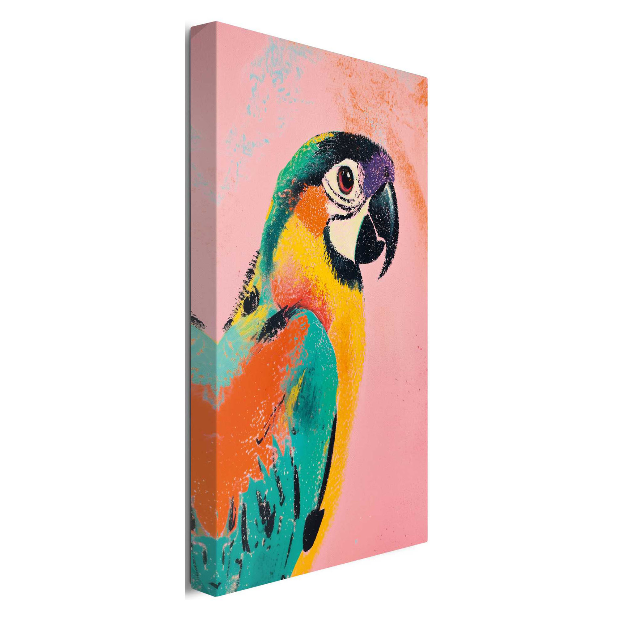 Seitliche Schrägansicht des Wandbilds „Coloured Bird“, 20 × 30 cm; Profil, Kante und Tiefe des Bildes sind erkennbar.