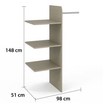 Schrankinneneinteilung mit drei Regalböden und seitlicher Stange in naturfarbener Leinenoptik, daneben Maßangaben 148 cm Höhe, 98 cm Breite und 51 cm Tiefe