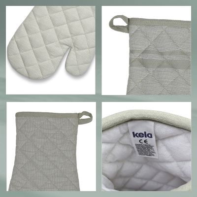 Collage mit Handschuhöffnung, Aufhängeschlaufe, Rautensteppung und eingenähtem Etikett des Topfhandschuhs in Rauchgrün