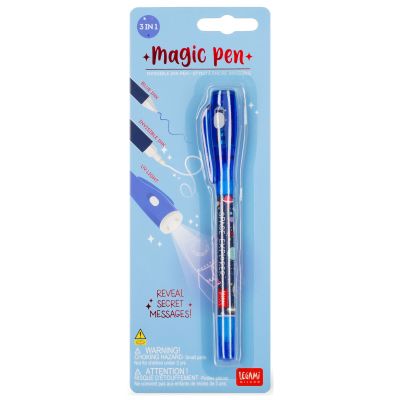 Blauer Geheimstift mit Weltraummotiv, in einer transparenten Blisterverpackung abgebildet.