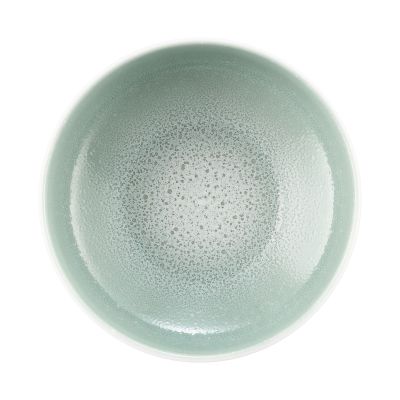 Schale in Weiß und Mint. runde Form mit weißer Außenseite und mintfarben gesprenkeltem Innenraum. Ansicht: Draufsicht.