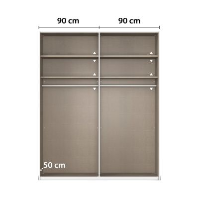 Innenansicht eines Kleiderschranks mit zwei gleich großen Bereichen à 90 cm Breite und Kleiderstangen sowie Ablagefächern