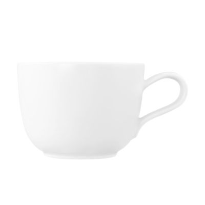 Tasse in Weiß; Ansicht der zweiten Seite. Sichtbare Gestaltung: niedrige geradlinige Form mit Henkel.