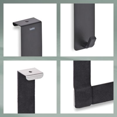 Collage mit Türhalterung Hakenprofil Schutzauflage und pulverbeschichteter Oberfläche der Türgarderobe