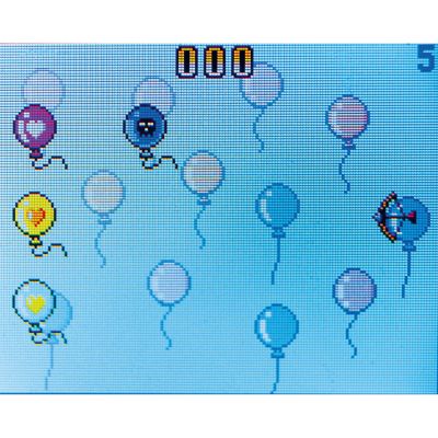 Blau-gelbes Mini-Arcade-Spiel, mit einem Bildschirmfoto eines Spiels mit bunten Ballons gezeigt.