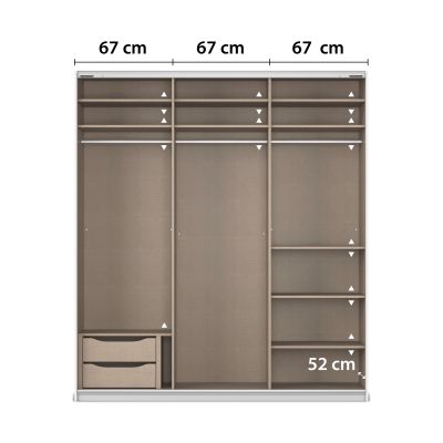 Innenaufteilung eines Kleiderschranks mit drei Elementen, Einlegeböden und Maßangaben je 67 cm Breite