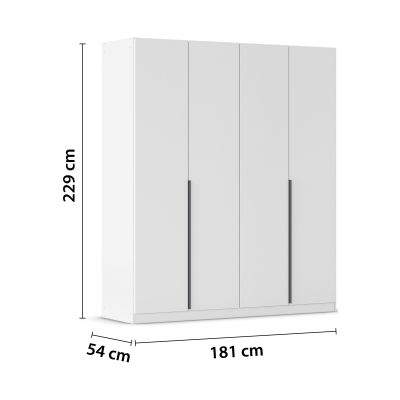 Weißer 4-türiger Kleiderschrank mit Maßangaben Breite 181 cm, Höhe 229 cm und Tiefe 54 cm