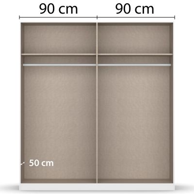 Innenansicht eines Kleiderschranks mit zwei gleich großen Bereichen à 90 cm Breite und Kleiderstangen sowie Ablagefächern