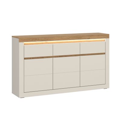 Modernes Sideboard mit weißen Fronten, Absetzung in Eiche und integrierter LED-Beleuchtung