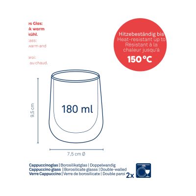 Technische Darstellung eines doppelwandigen Cappuccinoglases mit Angabe zu Fassungsvermögen und Hitzebeständigkeit
