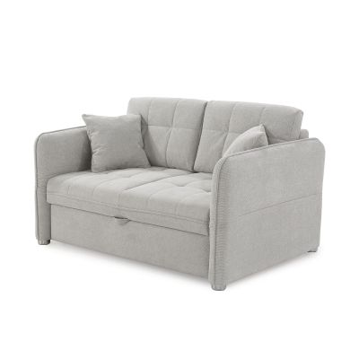 Kompaktes Schlafsofa in Hellgrau mit gesteppter Sitzfläche, gepolsterten Armlehnen und zwei Zierkissen