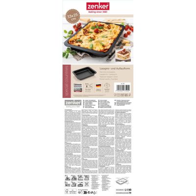 Rückseite der Verpackung einer Auflaufform mit technischen Daten, Symbolen und Produktinfos