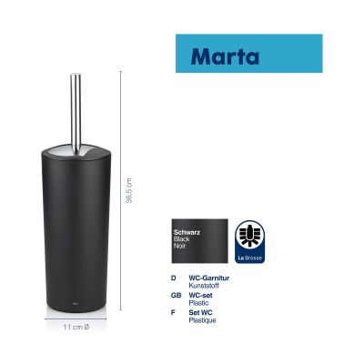 WC-Garnitur Marta in Schwarz matt mit Maßlinien für etwa 36,5 cm Höhe und 11 cm Durchmesser.