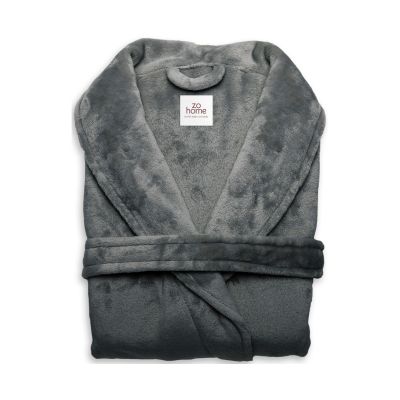 Cara Bademantel in Dark Grey, Größe M: zusammengefalteter Bademantel aus einfarbigem, flauschig wirkendem Stoff, mit sichtbarem Schalkragen und Bindegürtel.
