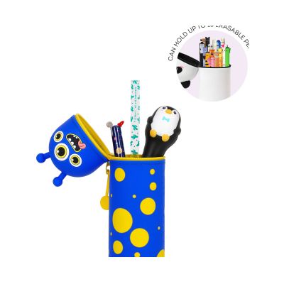 Blaues 2-in-1-Silikon-Federmäppchen im Monster-Design, teilweise geöffnet mit eingeblendeter Darstellung der verstellbaren Höhe gezeigt.
