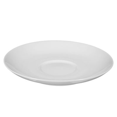 Untertasse in Weiß. Sichtbare Merkmale: rund mit deutlich abgesetzter Tassenfläche. Darstellung: schräge Ansicht von vorn.