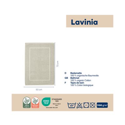 Informationsgrafik mit Badvorleger Lavinio in Offwhite und ergänzenden Angaben zu Material und Produkteigenschaften