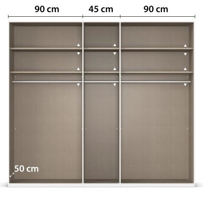 Innenansicht eines 5-türigen Kleiderschranks mit drei Fächern, Kleiderstangen und Einlegeböden, mittleres Fach 45 cm breit