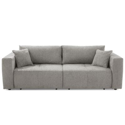 Modernes graues Schlafsofa mit breiten Armlehnen und zwei passenden Zierkissen vor hellem Hintergrund