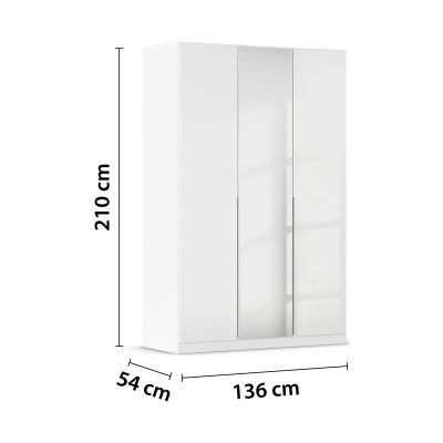 Weißer Drehtürenschrank in Hochglanz mit Spiegeltür und den Maßen 136 cm Breite, 210 cm Höhe und 54 cm Tiefe