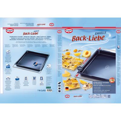 Verpackung des verstellbaren Emaille Backblechs mit Produktinformationen und Anwendungsbeispielen