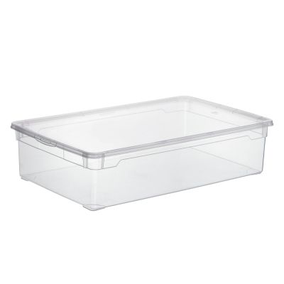 Flache rechteckige Aufbewahrungsbox aus transparentem Kunststoff ohne Deckel